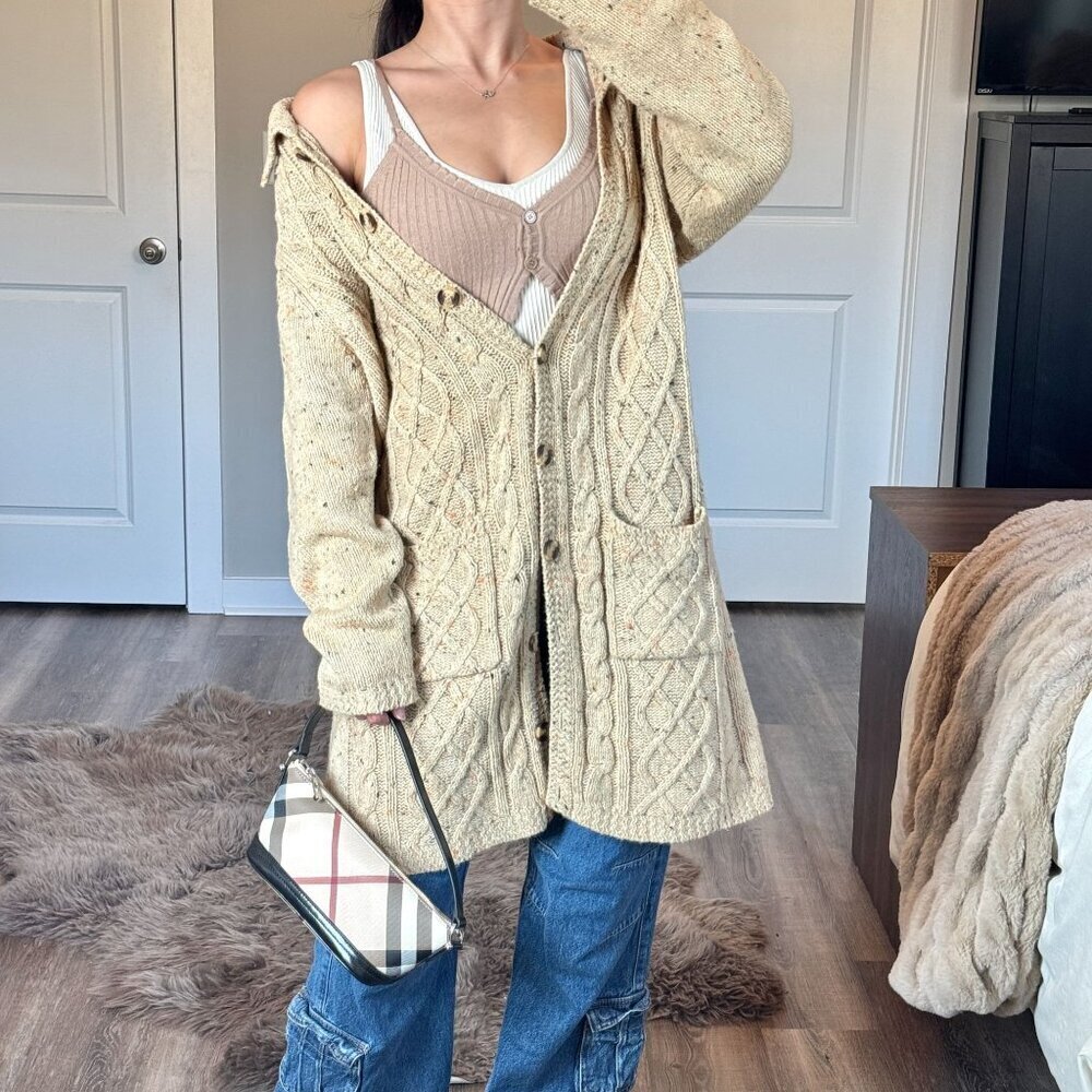 Vintage Y2K Long Cardigan Speckled Sweater Cable Knit Grandma Cottagecore Tan